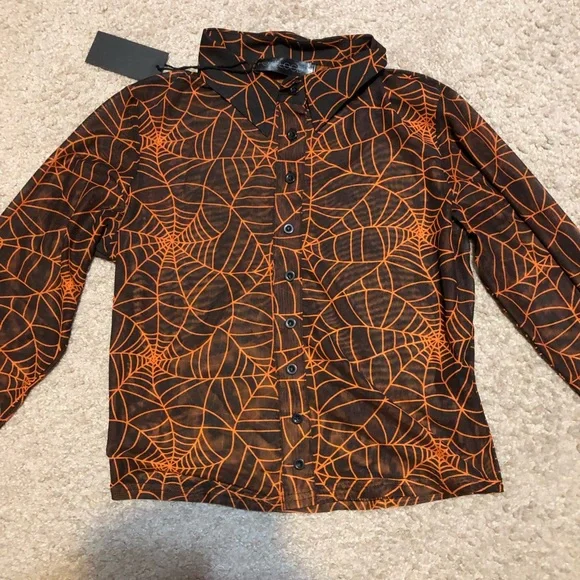 Foxblood Cobweb Mesh Button Up Top black orange - Picture 6 of 9